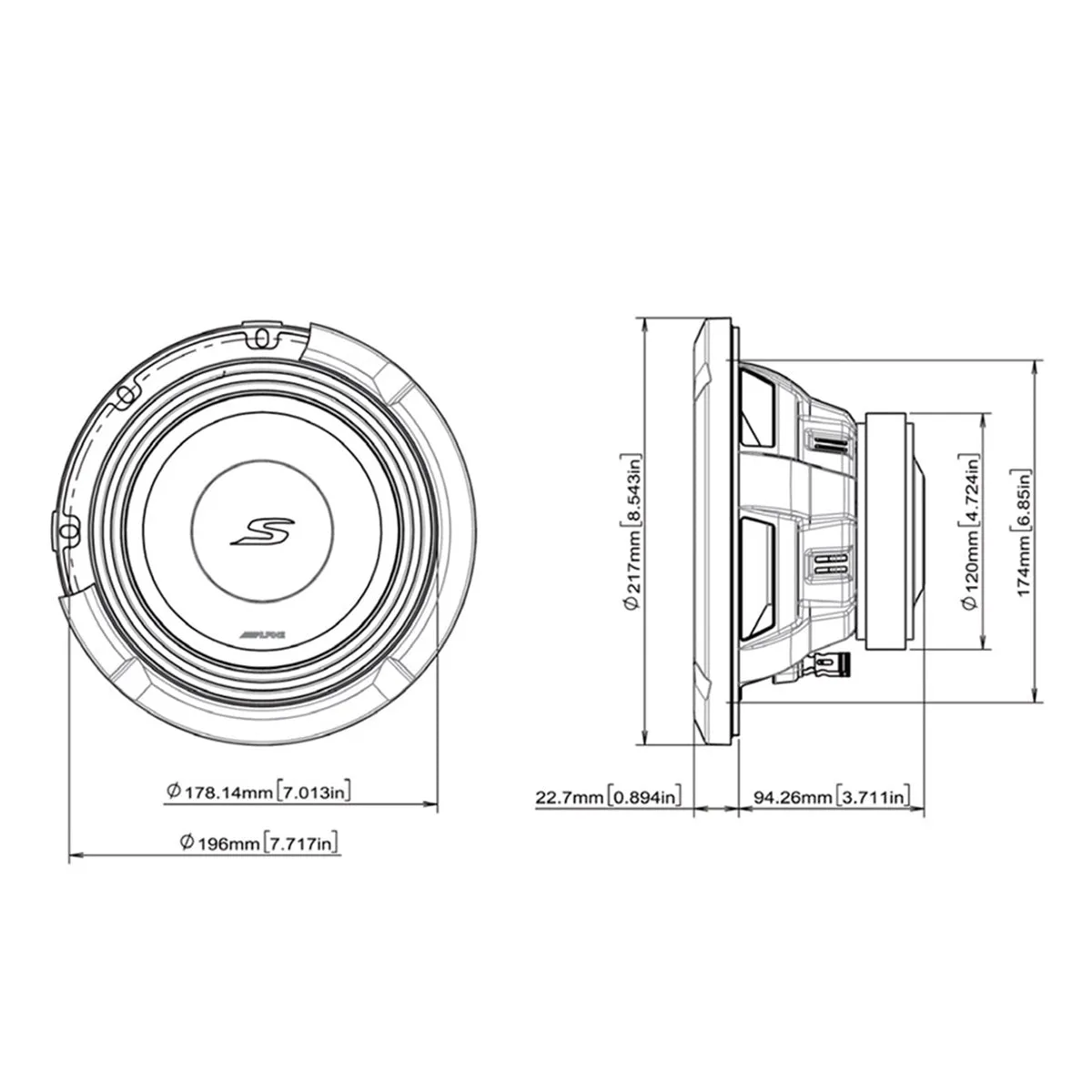 Alpine S2-W8D2 S-Series 8" 2-Ohm Subwoofer - Each