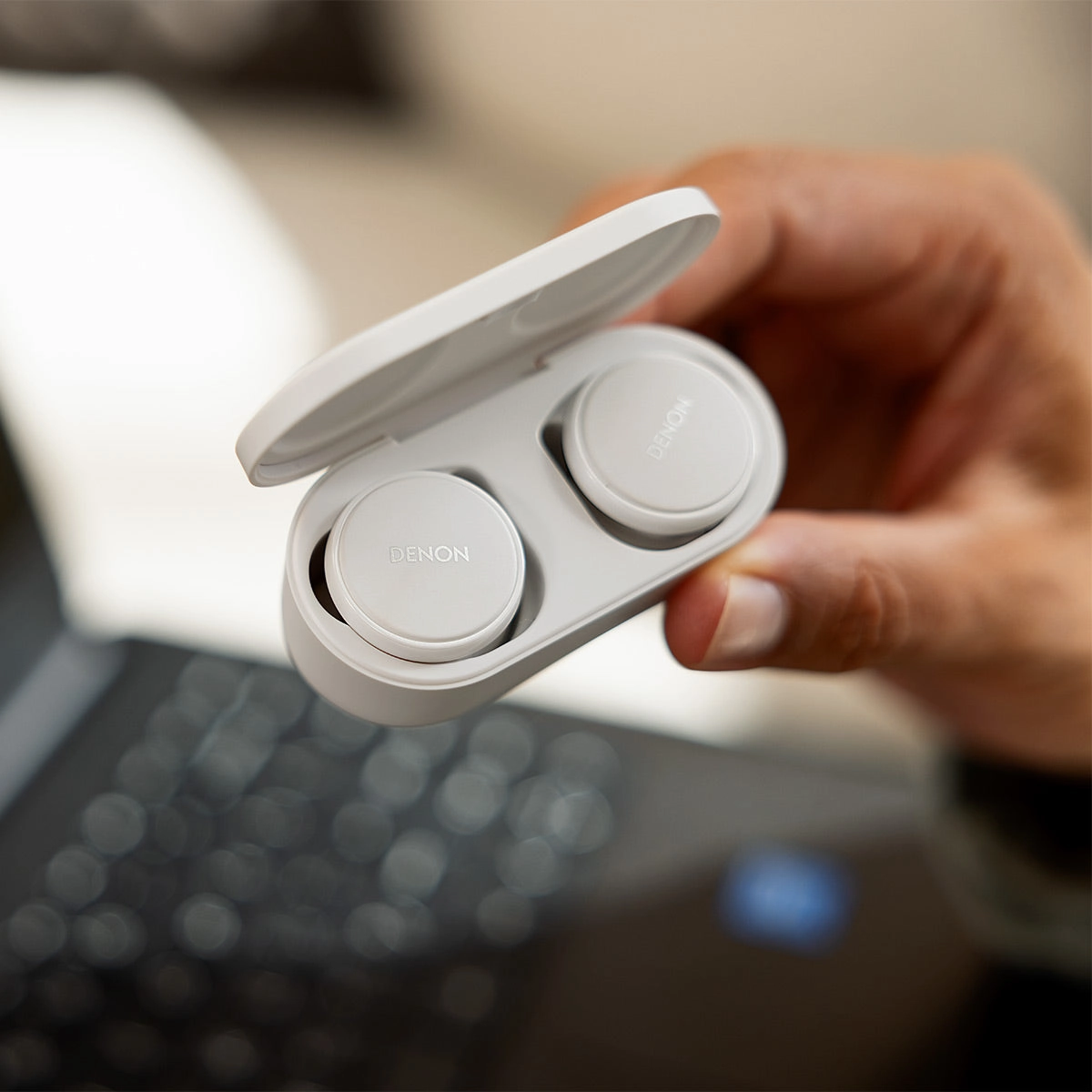 Denon PerL Pro True Wireless Earbuds with Active Noise Cancellation, Spatial Audio, and Adaptive Acoustic Technology (White)