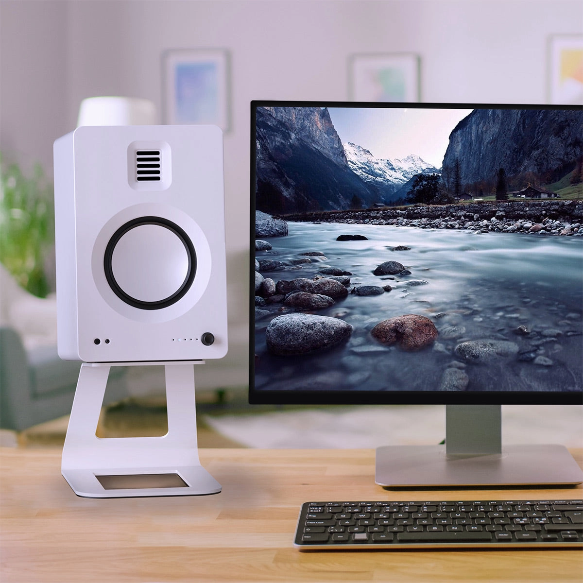 Kanto TUK Premium Powered Speakers with SE6 Elevated Desktop Speaker Stands (White)