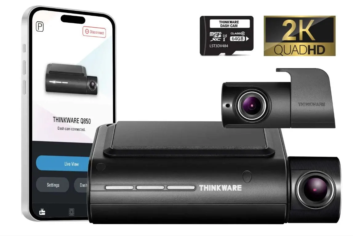 THINKWARE Q850 Front & Rear 2-Channel 2K Dash Cam With 64GB Memory Card